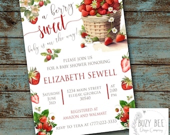 Baby Shower sucrée baies, faire-part aux fraises, faire-part de baby shower aux fraises, baby shower, faire-part de douche fichier numérique bricolage
