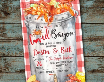 Könnte beinhalten: Ein roter und weißer karierter Hintergrund mit einer Aquarell-Illustration eines Topfes mit Krebsen. Der Text "How Sweet It Is To Be Loved Bayou" ist in Rot und Schwarz geschrieben. Der Text "Join Us For A Shower Honoring Dustin & Beth" ist in Schwarz geschrieben. Der Text "Saturday, August 26, The Harper Residence, 1234 Riverside Drive, Ellijay, GA, RSVP Amanda (111)234-4567" ist in Schwarz geschrieben.