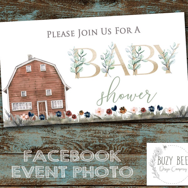 Farm Baby Shower Facebook Event Photo, Barn Baby,  Gender Neutral Baby Shower, Greenery, Baby Shower Facebook Event Cover, Digital File