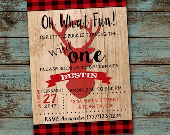 Wild One First Birthday Invitation, Red Buffalo Plaid Birthday, First Birthday, Deer Buck Wood Birthday Invitation Digital File DIY Invite