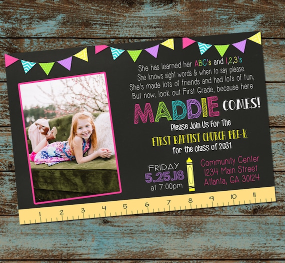 Kindergarten Graduation Invitation - Graduation Invite  - Picture Invitation - Kindergarten - Boy or Girl - Printable - Digital File