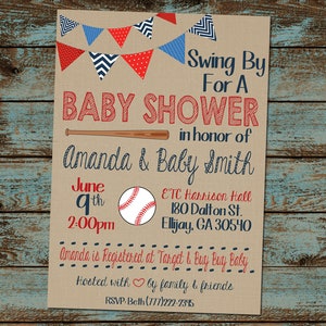 Invito per baby shower di baseball, Swing By, Baby shower di baseball, Baby shower per ragazzi, Invito di baseball, Rosso e blu, Stampabile, File digitale fai da te