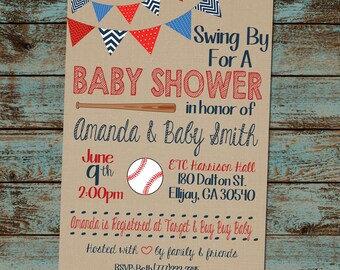 Baseball Baby Shower Invitation, Swing By, Baseball Shower,Boy Shower, Baseball Invitation, Red and Blue, Printable, Digital File DIY