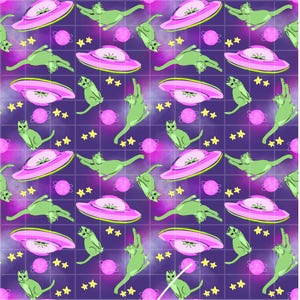 May include: A repeating pattern featuring green cats, pink UFOs, pink planets, and yellow stars on a purple grid background. The cats are in various poses, and the UFOs have a classic saucer shape.