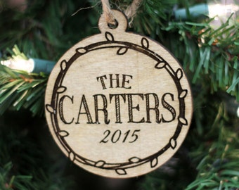 Custom Christmas Ornament, Family Name Ornament, Family Wreath Ornament, Birch Wood Family Ornament --24107-OR02-008