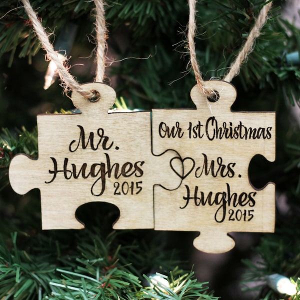 Puzzle Piece Ornament, Engraved Ornament for Couples, Mr & Mrs Ornament, First Christmas Ornament, Birch Wood Ornament --24111-OR07-008