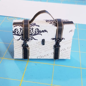 Dollhouse Miniature 1/12 or 1/6 scale luggage, suitcase, valise, bag, purse.  Features vintage style paper, papercraft.