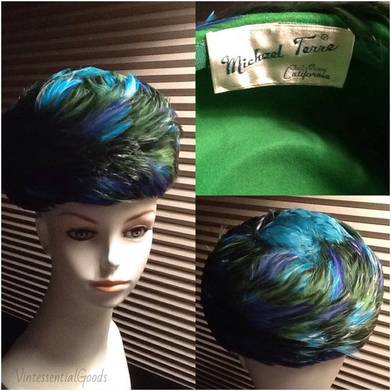 Vintage Feathered Hat / Blue Hat / Green Hat / 50s