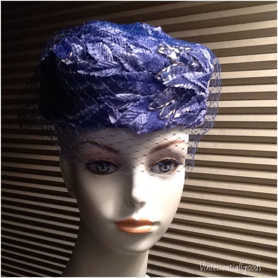 50s Vintage Blue Hat / Wedding Hat / Pillbox Hat /