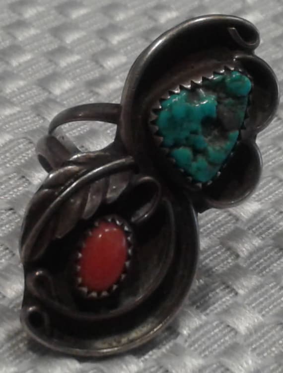 Navajo Coral and Turquoise Ring, Signed