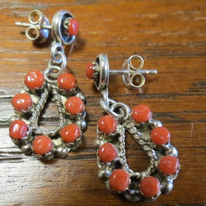 Petit Point, Red Coral and Sterling Zuni Earrings Signed Larry Laate