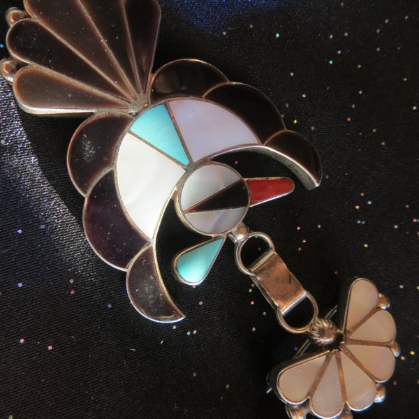 Amazing Inlay/ Turquoise/ Onyx/ Mother of Pearl/ Coral/ Zuni Bird Pendant/Pin