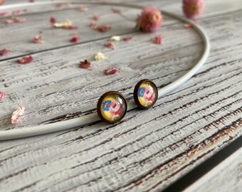 Romantic stud earrings Yellow with roses Flowers in copper setting