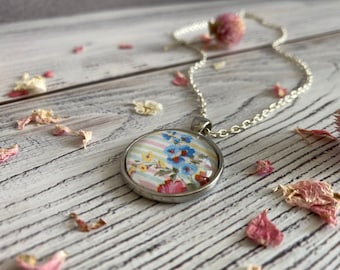 Necklace, pendant with blue flowers and pastel stripes, silver frame and link chain