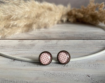 Earrings white, red checkered, bronze frame