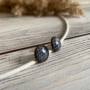 Earrings floral pattern, dark blue, bronze frame image 2