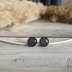 Earrings floral pattern, dark blue, bronze frame image 1