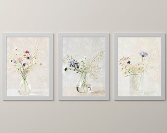 Wildflower Bouquet Prints, Set of 3 Prints, Watercolor Flowers, Bedroom Wall Art, Living Room Wall Art, Farmhouse Decor, Digital Prints