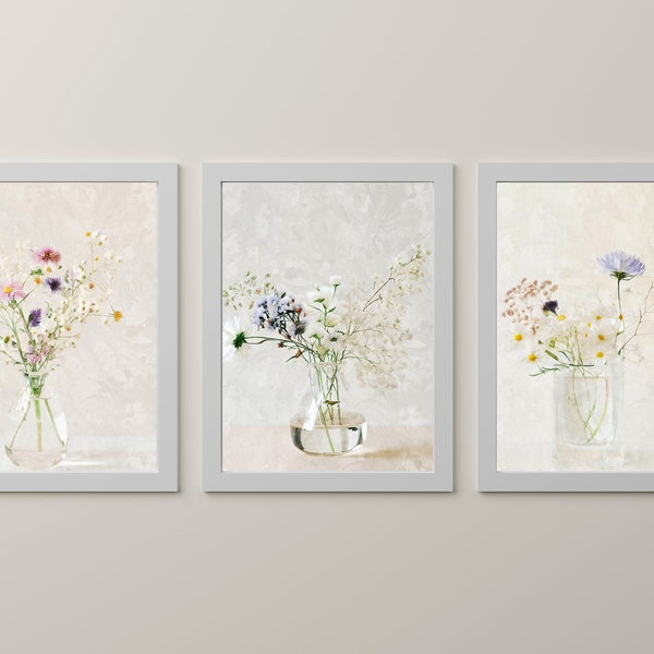 Wildflower Bouquet Prints, Set of 3 Prints, Watercolor Flowers, Bedroom Wall Art, Living Room Wall Art, Farmhouse Decor, Digital Prints