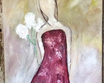 May include: A painting of a woman in a burgundy dress holding a bouquet of white flowers. The background is a light brown and beige color.