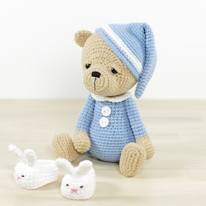 Teddy Bear Crochet Pattern -  Cuddly Bear in Pajamas and Bunny Slippers - Printable PDF in English