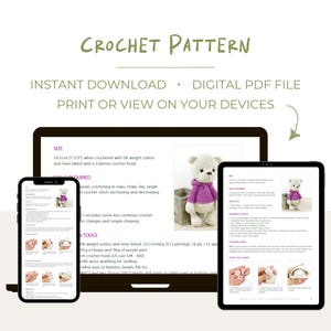 K&ouml;nnte beinhalten: Ein digitales H&auml;kelmuster, das auf einem Laptop, Telefon und Tablet angezeigt wird. Der Text "CROCHET PATTERN" steht oben. Das Muster enth&auml;lt Anweisungen f&uuml;r einen B&auml;ren mit Details zu Gr&ouml;&szlig;e, Materialien und Techniken. Der B&auml;r ist 19,5 cm gro&szlig;.