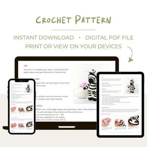 K&ouml;nnte beinhalten: Ein digitales PDF-H&auml;kelmuster f&uuml;r ein Zebra-Amigurumi-Spielzeug. Das Muster enth&auml;lt Anleitungen zum H&auml;keln des Zebras sowie eine Liste der ben&ouml;tigten Materialien und Werkzeuge. Das Muster steht zum sofortigen Download bereit.
