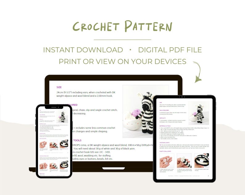K&ouml;nnte beinhalten: Ein digitales PDF-H&auml;kelmuster f&uuml;r ein Zebra-Amigurumi-Spielzeug. Das Muster enth&auml;lt Anleitungen zum H&auml;keln des Zebras sowie eine Liste der ben&ouml;tigten Materialien und Werkzeuge. Das Muster steht zum sofortigen Download bereit.