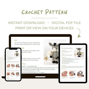 May include: A digital crochet pattern displayed on a laptop, tablet, and smartphone. The pattern includes instructions for a donkey, with details on materials, size (26 cm including ears), and techniques. The text "CROCHET PATTERN" is at the top.