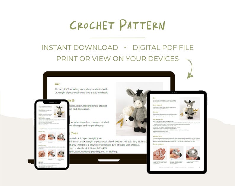 May include: A digital crochet pattern displayed on a laptop, tablet, and smartphone. The pattern includes instructions for a donkey, with details on materials, size (26 cm including ears), and techniques. The text "CROCHET PATTERN" is at the top.