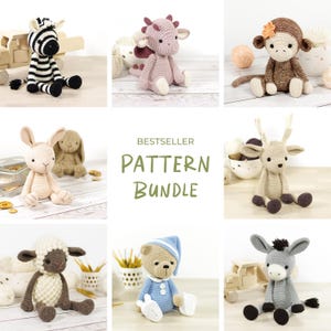 Crochet Pattern Bundle - Eight Amigurumi Animal Patterns - Sheep, Dragon, Monkey, Bunny, Deer, Zebra, Donkey and Teddy Bear - PDF in English