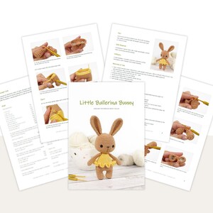 Small amigurumi ballerina bunny crochet pattern preview, showing five pages from the PDF