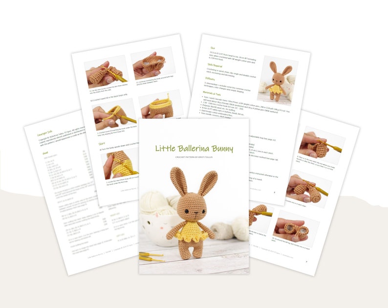 Small amigurumi ballerina bunny crochet pattern preview, showing five pages from the PDF