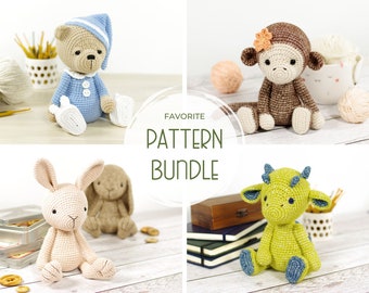 Amigurumi Pattern Bundle - Four Stuffed Animal Crochet Patterns - Teddy Bear, Bunny, Monkey and Dragon - PDF in English