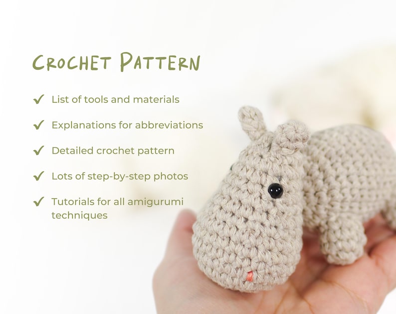 Hippo Crochet Pattern Tiny Amigurumi Stuffed Animal Crochet Pattern and