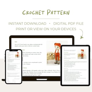 May include: Digital PDF crochet pattern for a cute orange and white fox amigurumi toy. The pattern includes instructions for crocheting in rounds, chains, slip stitches, double and triple crochet stitches, decreasing, and color changes. The pattern is available for instant download.