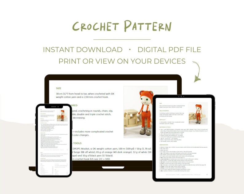 May include: Digital PDF crochet pattern for a cute orange and white fox amigurumi toy. The pattern includes instructions for crocheting in rounds, chains, slip stitches, double and triple crochet stitches, decreasing, and color changes. The pattern is available for instant download.