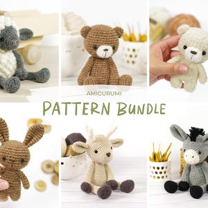 May include: A collection of handmade amigurumi crochet animals, including a sheep, bear, bunny, deer, and donkey. The toys are in various colors, such as brown, gray, and cream, and are displayed on a white background. The text "PATTERN BUNDLE" is visible.