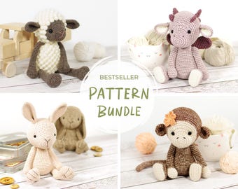 Amigurumi Crochet Pattern Bundle - Four Stuffed Animal Patterns - Bunny, Monkey, Dragon and Sheep
