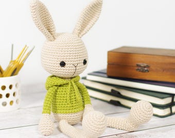 Puede incluir: Muñeco de conejo tejido a mano, con orejas largas y una sudadera con capucha verde. El conejo es beige con ojos negros y boca cosida. Está sentado sobre una superficie de madera clara, con libros y una caja de madera en el fondo.