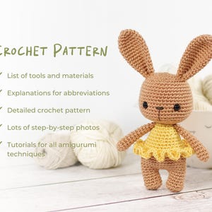 May include: Crochet pattern for a brown amigurumi bunny wearing a yellow dress. The pattern includes a list of tools and materials, explanations for abbreviations, a detailed crochet pattern, lots of step-by-step photos, and tutorials for all amigurumi techniques.