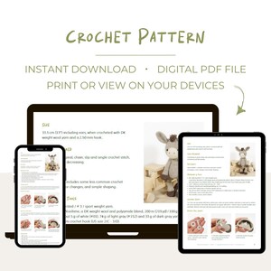May include: A digital crochet pattern displayed on a laptop, smartphone, and tablet. The document features text titled Crochet Pattern, Instant Download, and Digital PDF File. It includes instructions for a donkey toy, yarn requirements, and photos.