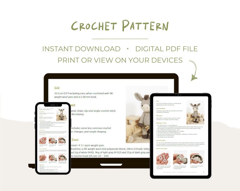 May include: A digital crochet pattern displayed on a laptop, smartphone, and tablet. The document features text titled Crochet Pattern, Instant Download, and Digital PDF File. It includes instructions for a donkey toy, yarn requirements, and photos.