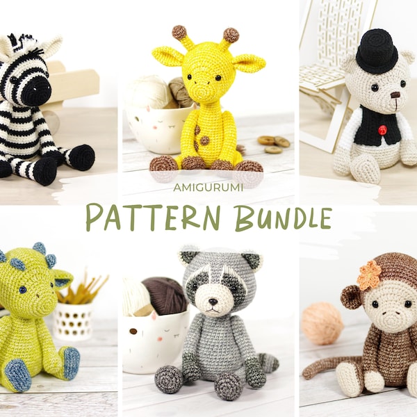 Crochet Pattern Bundle - Six Amigurumi Animal Patterns - Zebra, Giraffe, Teddy Bear, Dragon, Raccoon and Monkey