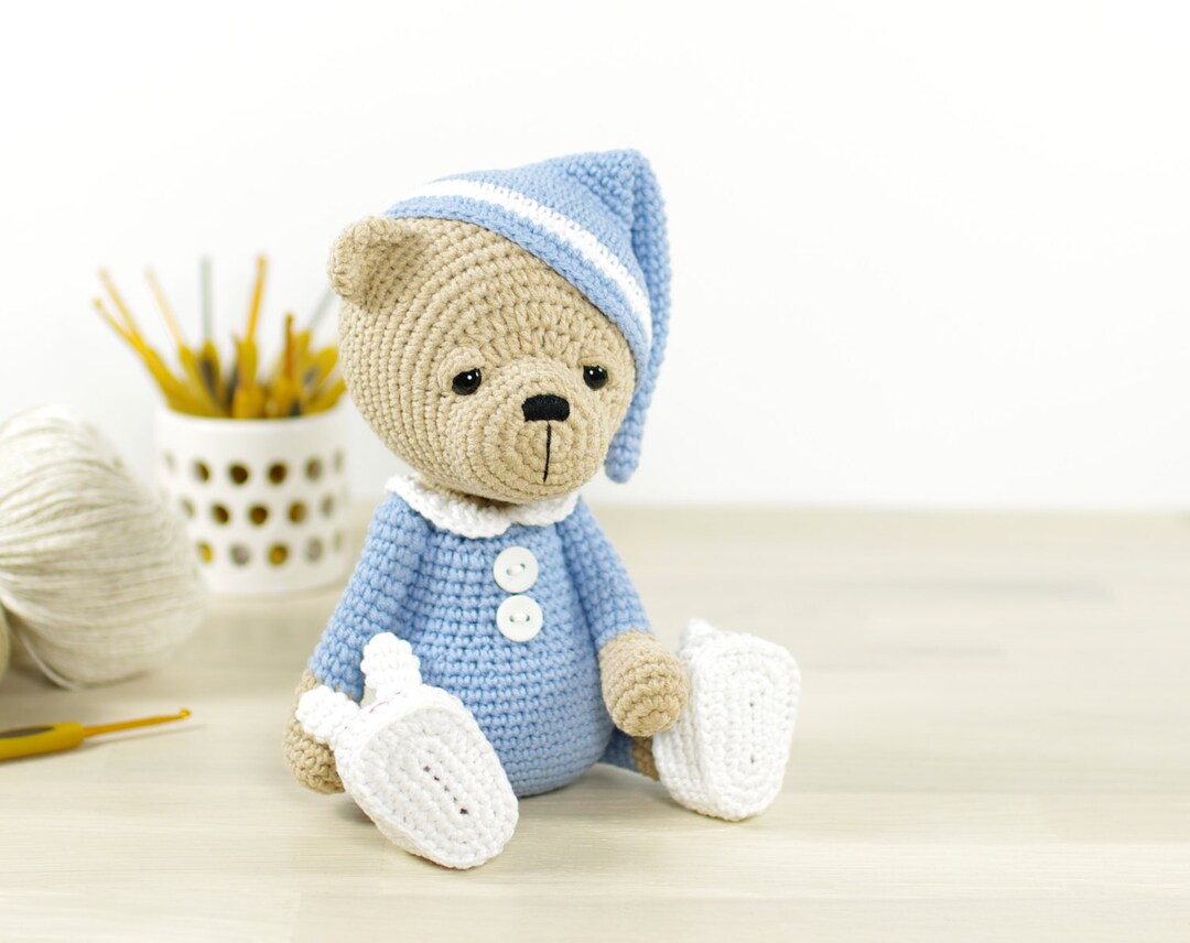 Handmade Crochet Teddy Bear in Blue Jumpsuit main image 1