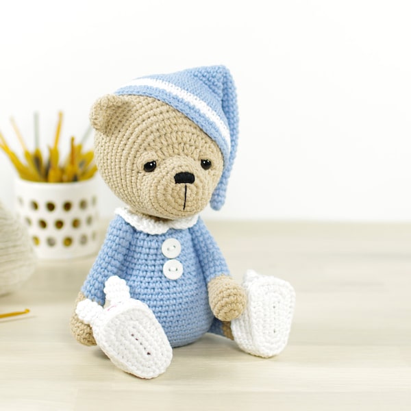 Teddy Bear Crochet Pattern - Sleepy Teddy in Pajamas and Bunny Slippers - Amigurumi Bear Crochet Pattern and Tutorial with Photos