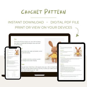 May include: A digital PDF crochet pattern for a brown bunny with a yellow dress. The pattern includes instructions for crocheting the bunny, as well as a list of materials and tools needed. The pattern is available for instant download.