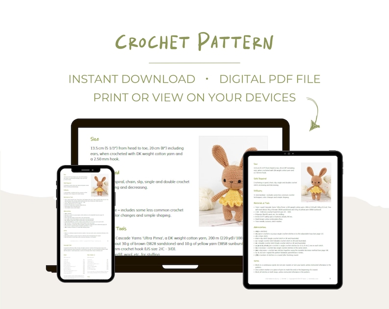 May include: A digital PDF crochet pattern for a brown bunny with a yellow dress. The pattern includes instructions for crocheting the bunny, as well as a list of materials and tools needed. The pattern is available for instant download.