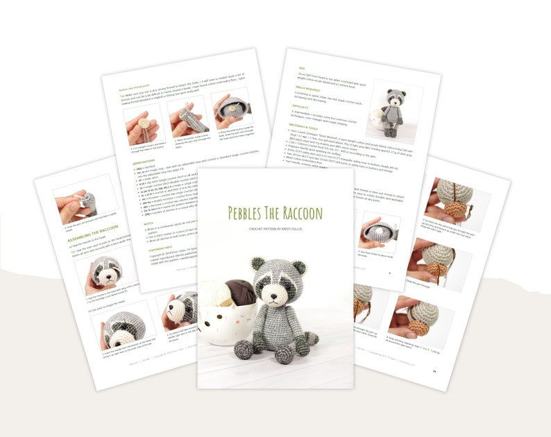 May include: Crochet pattern for a gray and white raccoon amigurumi toy named Pebbles the Raccoon. The pattern includes instructions for assembling the toy and detailed photos of the finished product.