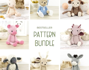 Amigurumi Pattern Bundle - Eight Crochet Animal Patterns - Bunny, Teddy Bear, Sheep, Pig, Dragon, Monkey, Donkey and Deer